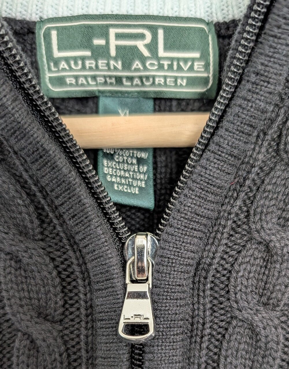 Lauren Ralph Lauren Active Black Full Zip Cable Knit Sweater Size XL Crest - Picture 3 of 10